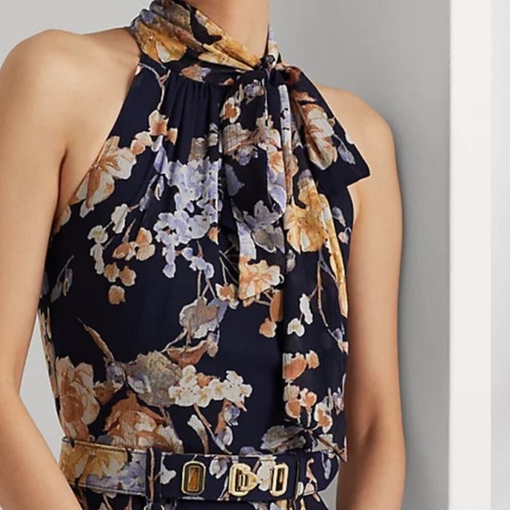 Black Label LRL Floral print Halter neckline sleeveless Belted Gown